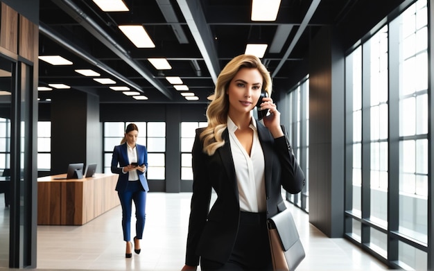 Exitosa joven mujer de negocios blanca líder CEO de pie en la sala de conferencias y el uso en el teléfono