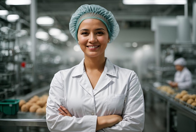 exitosa mujer gerente de una fábrica de alimentos en uniforme estéril con los brazos cruzados sonriendo a la cámara