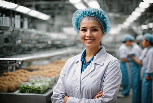 exitosa mujer gerente de una fábrica de alimentos en uniforme estéril con los brazos cruzados sonriendo a la cámara