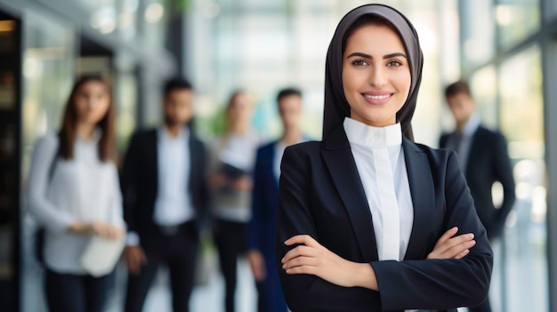 Exitosa mujer de negocios musulmana sonriendo confiada con los brazos cruzados gerente femenina en el cargo