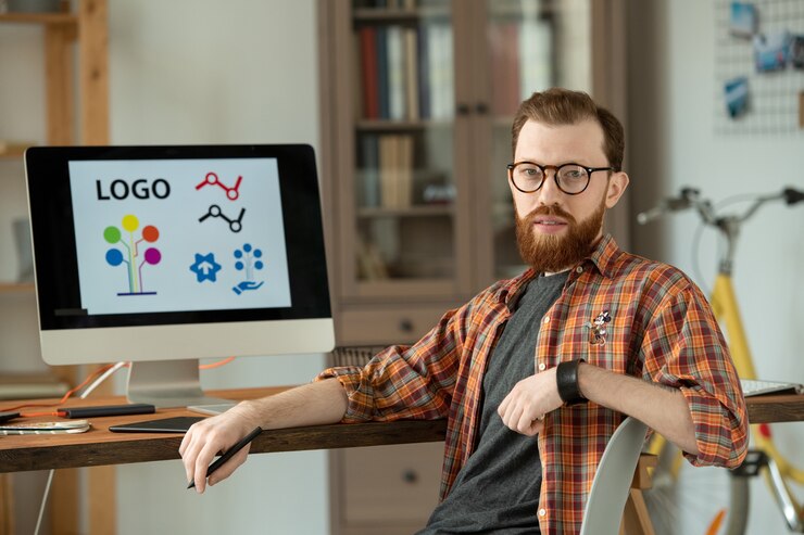 Foto exitoso diseñador masculino sentado en una silla junto a la mesa frente a la cámara y mirándote sobre el fondo del monitor de la computadora con el logo en