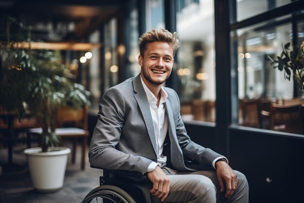 Exitoso elegante feliz hombre de negocios discapacitado en silla de ruedas dentro del edificio mirando a la cámara