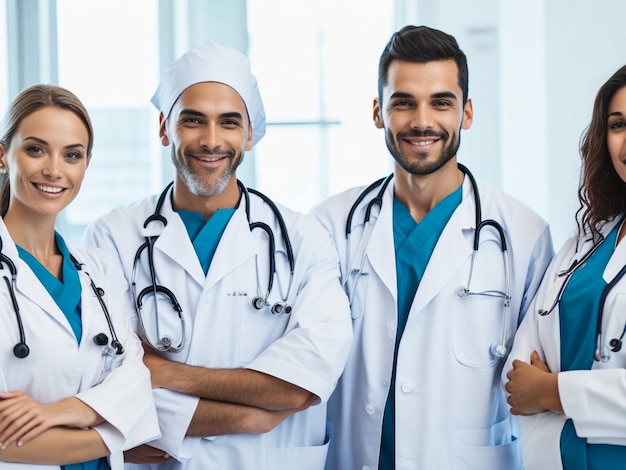 El exitoso equipo de médicos está mirando a la cámara y sonriendo mientras está de pie en el hospital