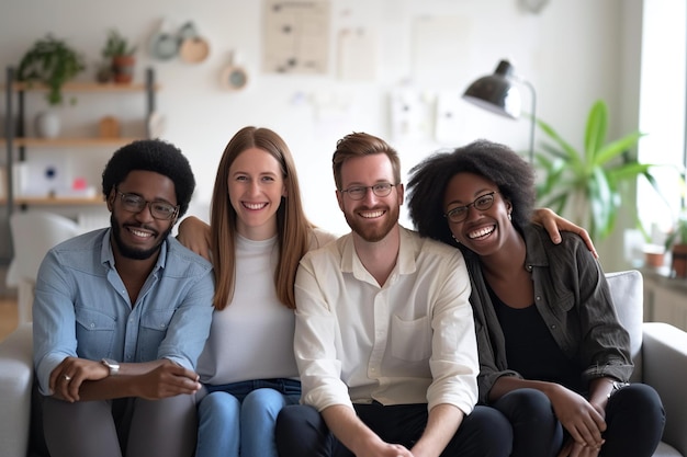 Un exitoso equipo de negocios multirracial sonriendo y sentados juntos en una oficina de puesta en marcha