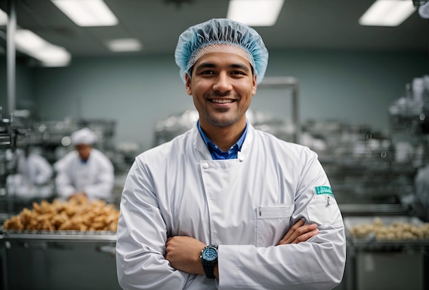 exitoso gerente de una fábrica de alimentos en uniforme estéril con los brazos cruzados sonriendo a la cámara