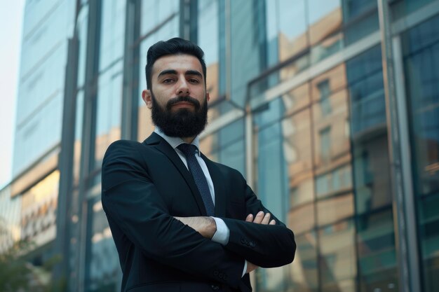 Un exitoso hombre de negocios árabe en traje negro de pie frente a la oficina