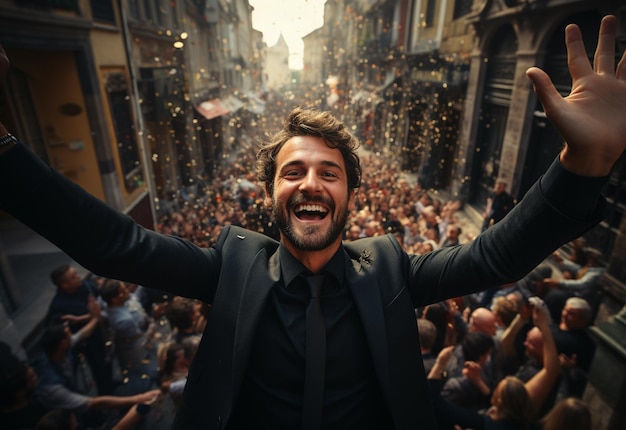 un exitoso hombre de negocios celebra su éxito en una concurrida foto matutina de la calle tomada de un dron