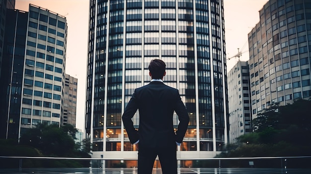 Un exitoso hombre de negocios profesional parado frente al edificio comercial