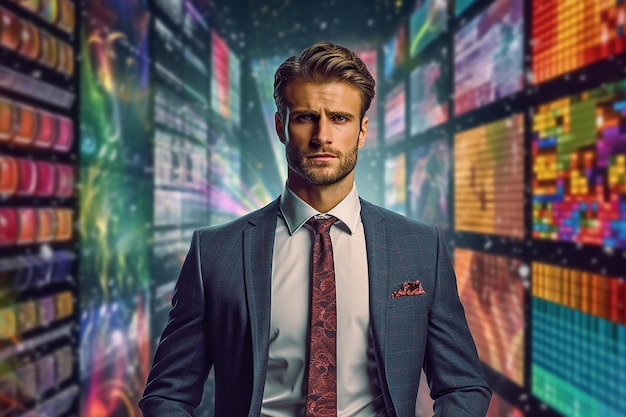 Exitoso hombre de negocios que usa traje de trabajo se ve inteligente y elegante con tecnología moderna