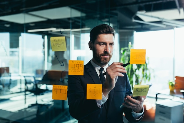 Exitoso hombre de negocios reescribe una tarea en un tablero de vidrio con pegatinas de colores, desde teléfono y tableta