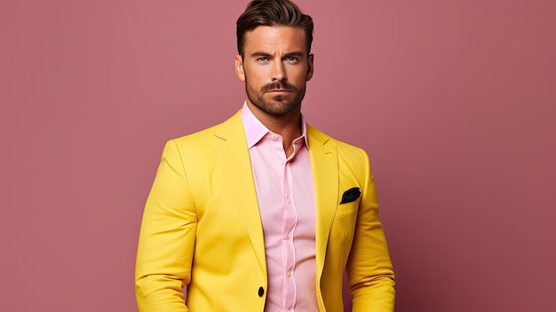 Exitoso modelo masculino blanco con un elegante traje amarillo se alza con confianza contra un fondo rosado que representa a un exitoso hombre de negocios y director ejecutivo