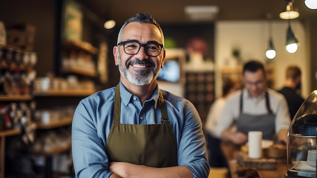 Foto el exitoso propietario de una pequeña empresa de pie con los brazos cruzados con los empleados en el fondo tratados con tecnología de ia generativa