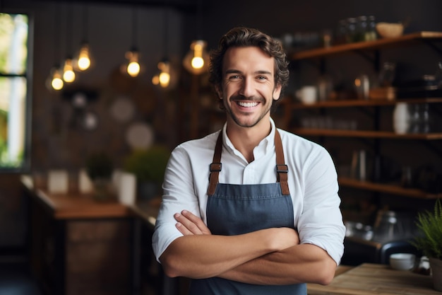 El exitoso propietario de una pequeña empresa sonriendo felizmente