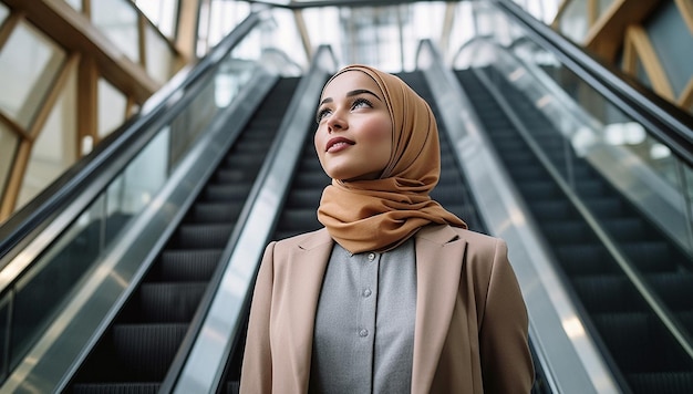 Exitoso retrato de mujer musulmana en la oficina moderna retrato de mujer de negocios musulmana con hiyab