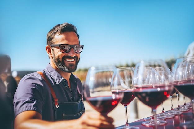 El exitoso viticultor está probando un sabor y comprobando la calidad del vino tinto de un vaso en el fondo de los viñedos.