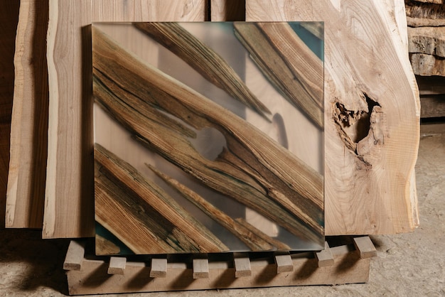 Exklusiver handgefertigter Tisch aus Massivholz und Epoxidharz auf dem Hintergrund von Holzbrettern