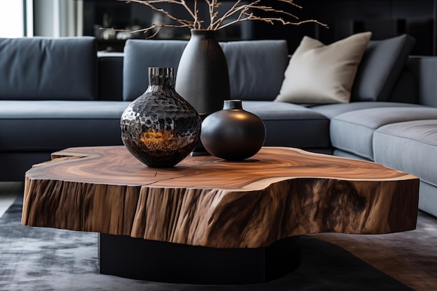 Exklusiver Luxustafel aus natürlicher Platte aus teurem Holz in einem modernen Raum