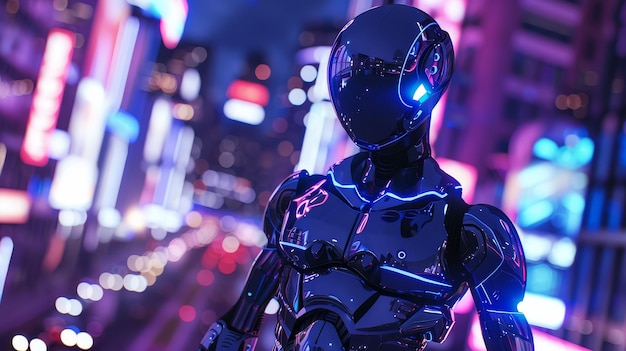 exoesqueleto metálico cyborg intrépido aventurero explorando un paisaje urbano de neón al anochecer vibración cyberpunk renderización 3D luces de fondo profundidad de campo efecto bokeh vista de disparo de mano
