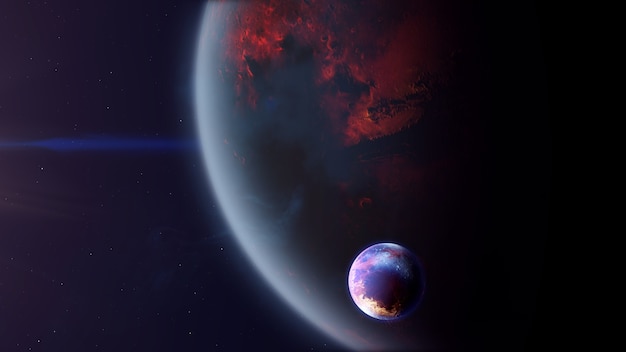 Foto exoplaneta do tipo vulcânico com exomoon