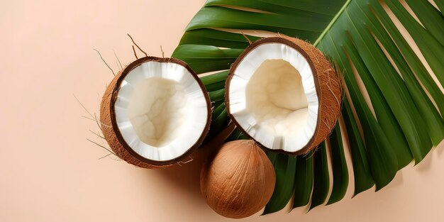 Exotic Fruit Paradise Cocô Fresco e Halved com Monstera Leaf Top View em Soft Backdrop Gerado pela AI