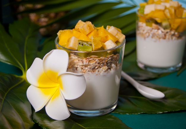 Exótica ensalada de frutas tropicales con muesli y yogurt en vasos en la hoja de palma.