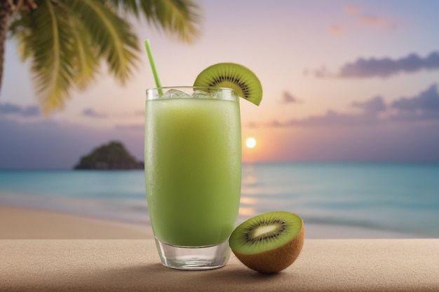 Exóticas bebidas de verano borrosas playa de arena en el fondo
