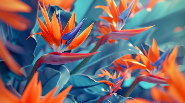 Foto exóticas flores de pájaro del paraíso en una mezcla dinámica de tonos naranja y azul