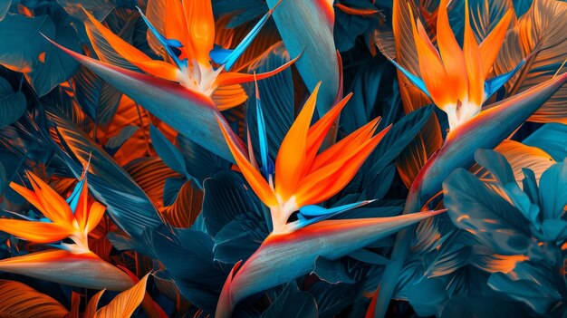 Exóticas flores de pájaro del paraíso en una mezcla dinámica de tonos naranja y azul