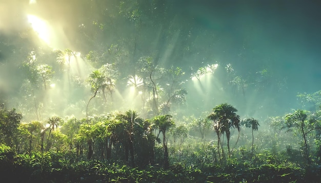 Exótico bosque de palmeras tropicales al atardecer los rayos del sol a través de las sombras de las hojas Bosque tropical Fondo de bosque exótico Oasis verde Ilustración 3D