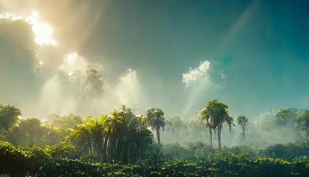 Exótico bosque de palmeras tropicales al atardecer los rayos del sol a través de las sombras de las hojas Bosque tropical Fondo de bosque exótico Oasis verde Ilustración 3D