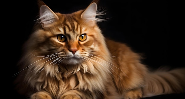 Exótico cabelo longo laranja siberiano raça animal de estimação sentado e posando em estúdio tiro isolado em fundo preto