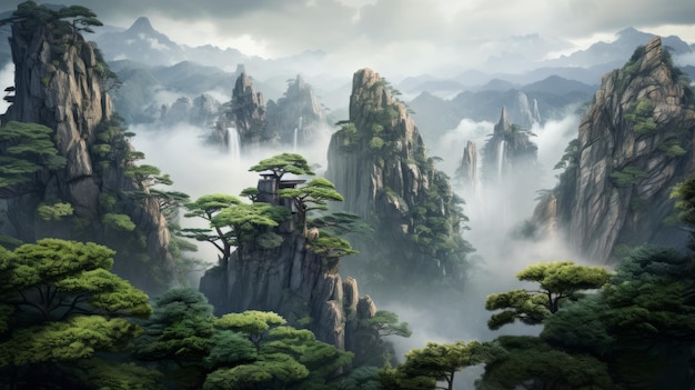 Foto exótico paisaje de fantasía asiático tranquilo bosque de pinos en hongqiao