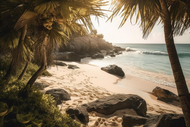Foto exótico paisaje marítimo playa turística con palmeras mar y sol agua azul del océano y arena blanca