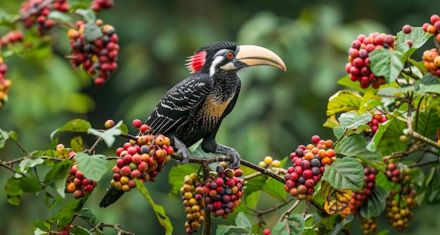 Exótico pájaro cuerno que se alza en una rama fructífera en el bosque