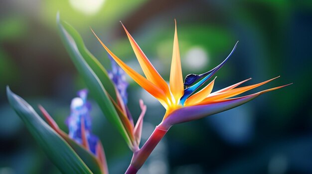 Foto exótico pájaro del paraíso en flor fondo floral