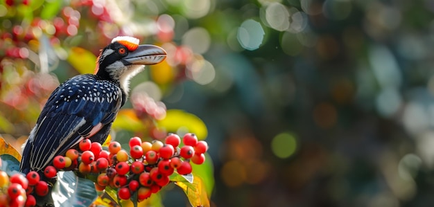 Exótico pássaro-de-corno empoleirado em um galho frutífero na floresta
