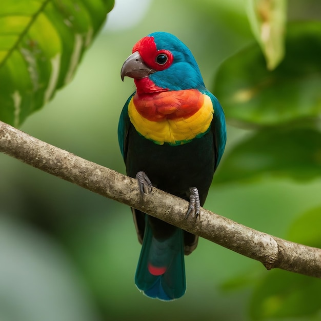 Foto exótico y resplandeciente quetzal sentado en una rama en la selva tropical