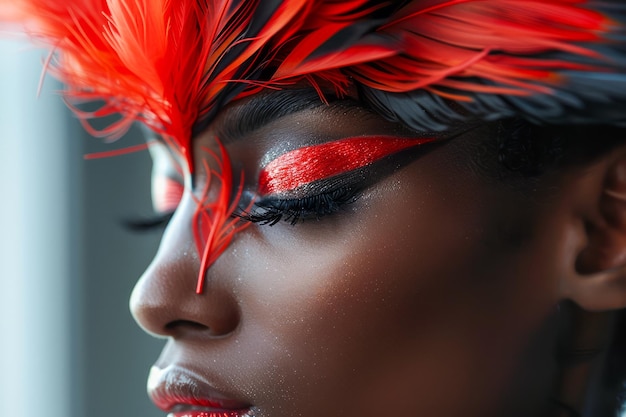 Exótico tocado de pluma roja en mujer elegante con maquillaje artístico en iluminación lateral dramática