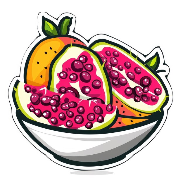 Foto exotische fruchte in einer schale logotipo de quadrinhos modernos em adesivo 2d ilustração de fundo branco como um