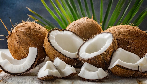 Exotische gehackte frische Kokosnüsse und Palmblätter Tropische Früchte
