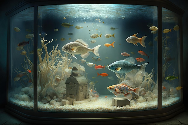 Exotische kleine Fische in einem Aquarium mit Korallen und Algen in blauem Wasser auf einer dunklen Gewinnungs-KI generiert