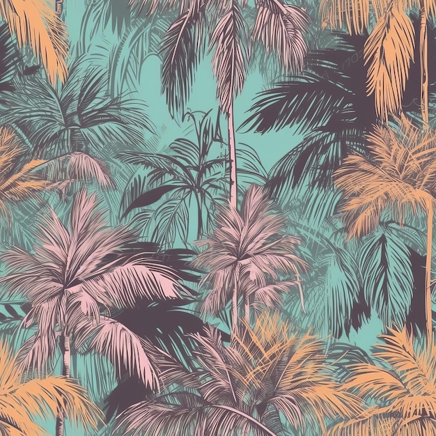 Exotische Palmenzeichnung auf einem trendigen handgezeichneten Hintergrund als nahtlose Muster-KI-Generation