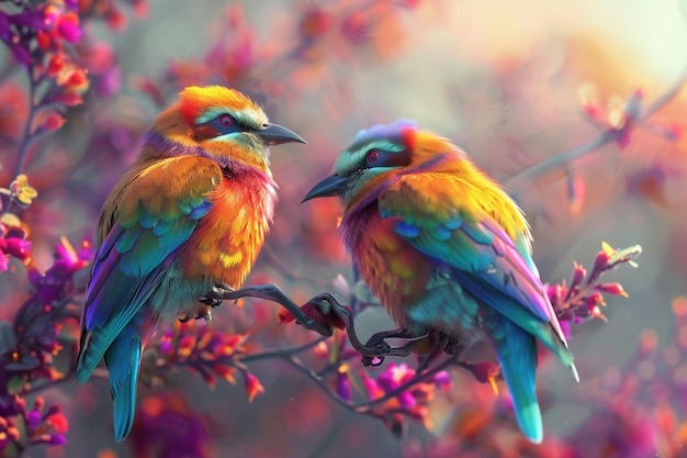 Exotische Vögel mit lebendigem Gefieder sitzen auf dem Regenbogen
