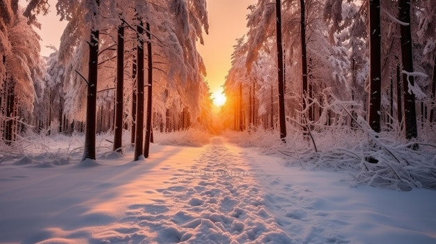 Exotischer Blick auf einen schneebedeckten Wald an einem frostigen Tag, der mit Generative Al-Technologie erstellt wurde