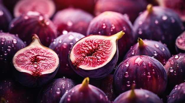 Exotischer Küchenfruchthintergrund mit Draufsicht auf süße reife Feigen in lila generativer KI