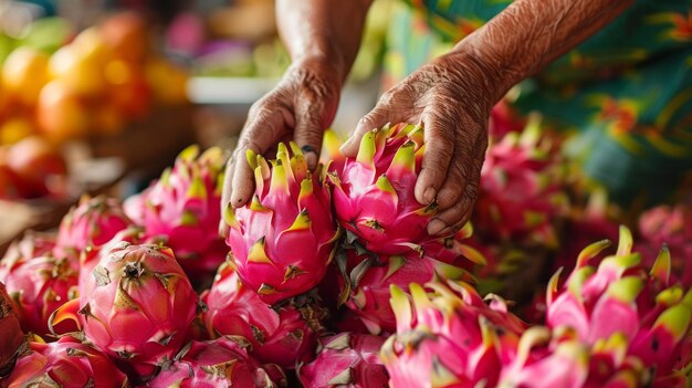 Exotischer Obstmarkt mit Händen, die eine lebendige Drachenfrucht auswählen