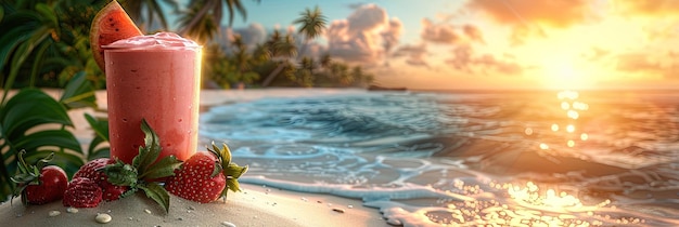 Exotischer Smoothie präsentiert vor einem Panorama am Meer mit Palmen und einem ruhigen Ökosystem
