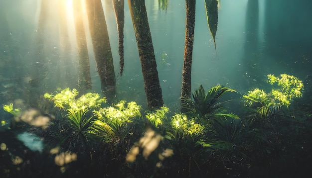 Exotischer tropischer Palmenwald bei Sonnenuntergang Sonnenstrahlen durch Blätter Schatten Tropischer Wald exotischer Wald Hintergrund grüne Oase 3D-Darstellung