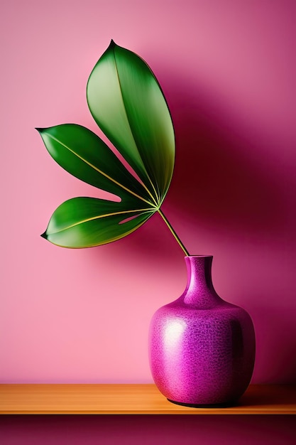 Exotisches Blatt in einer rosa Vase auf einem Regal
