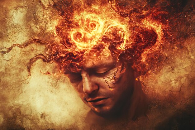 Expansión del pensamiento procesamiento neuronal y arquitectura cognitiva cara humana ardiente con neuronal brillante